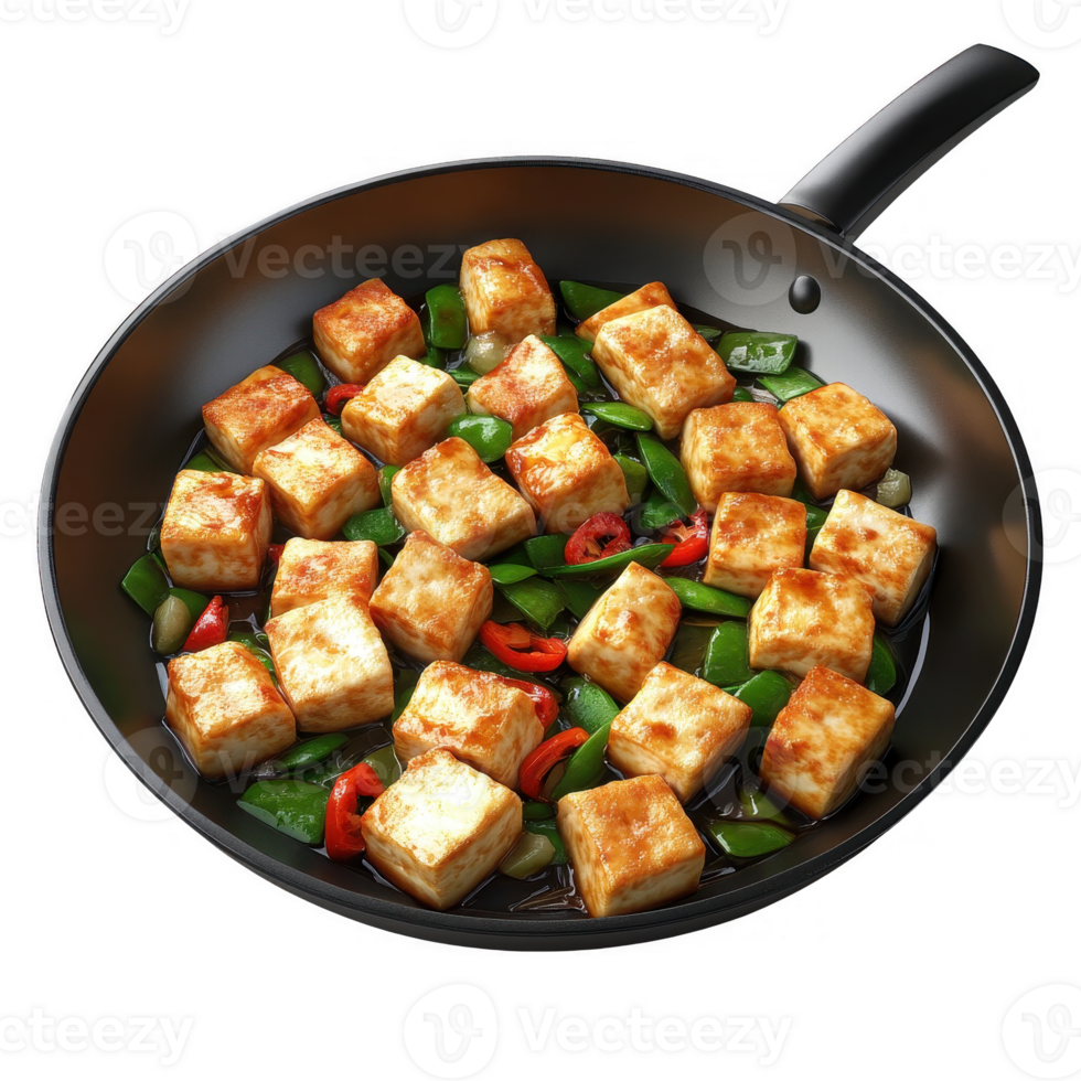 Sizzling tofu and vegetables in a pan, vibrant colors and delicious aroma. png