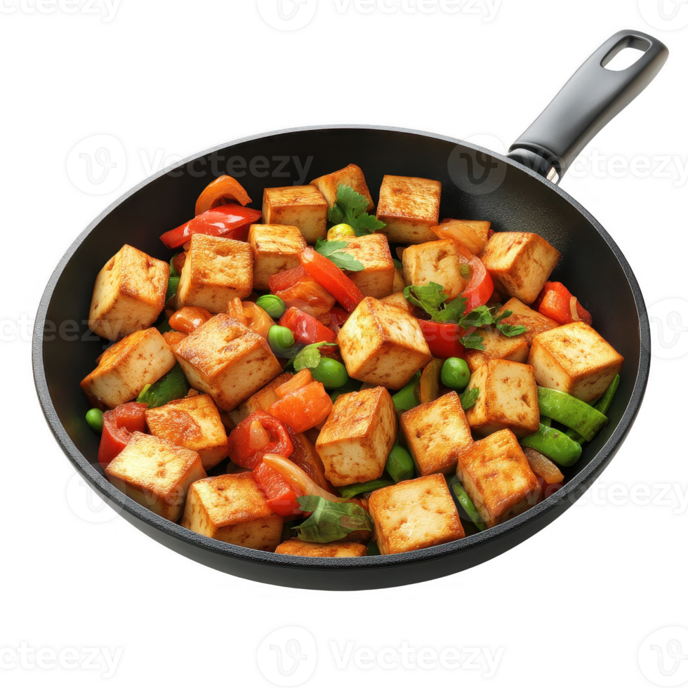 Delicious stir-fried tofu with colorful vegetables in a frying pan. png