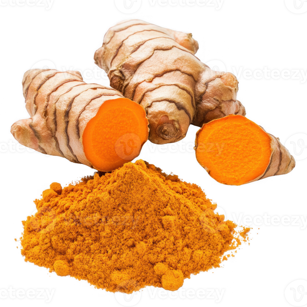 Fresh turmeric roots with vibrant orange flesh and turmeric powder on white background. png