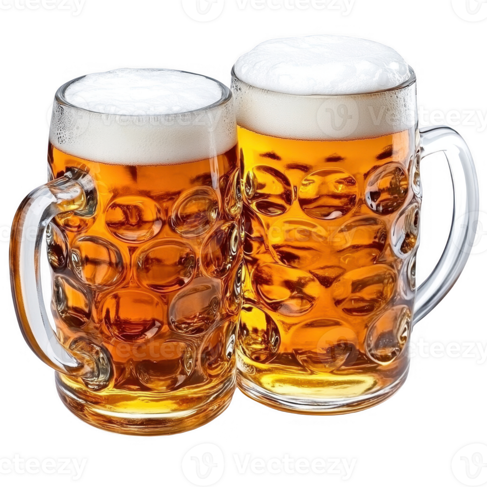 Two cold mugs of beer with frothy top, perfect for a refreshing toast. png