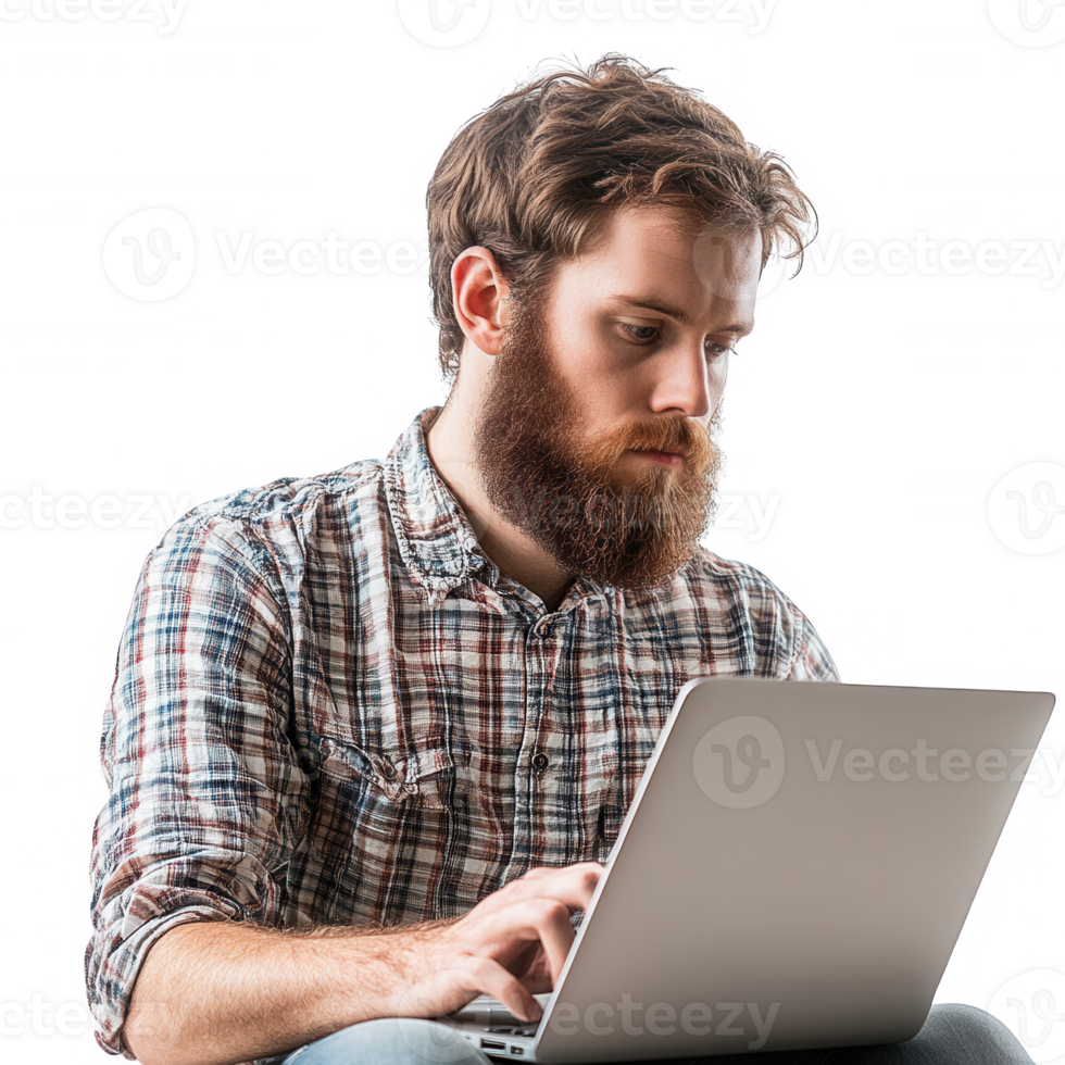 Focused man working on a laptop, wearing casual attire, deep in thought. png
