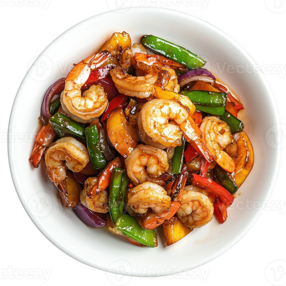 Delicious shrimp stir-fry with colorful vegetables in a white bowl. png