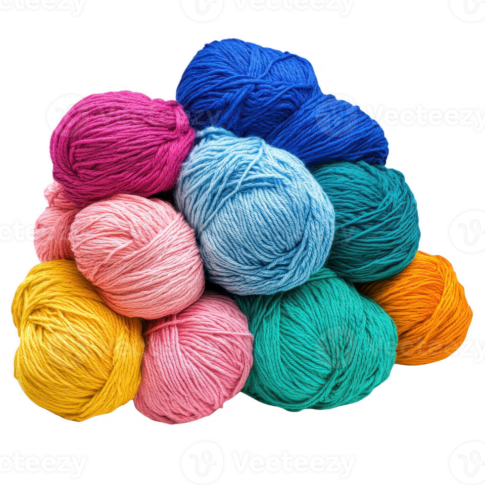 Colorful yarn balls stacked together, perfect for crafting and creative projects. png