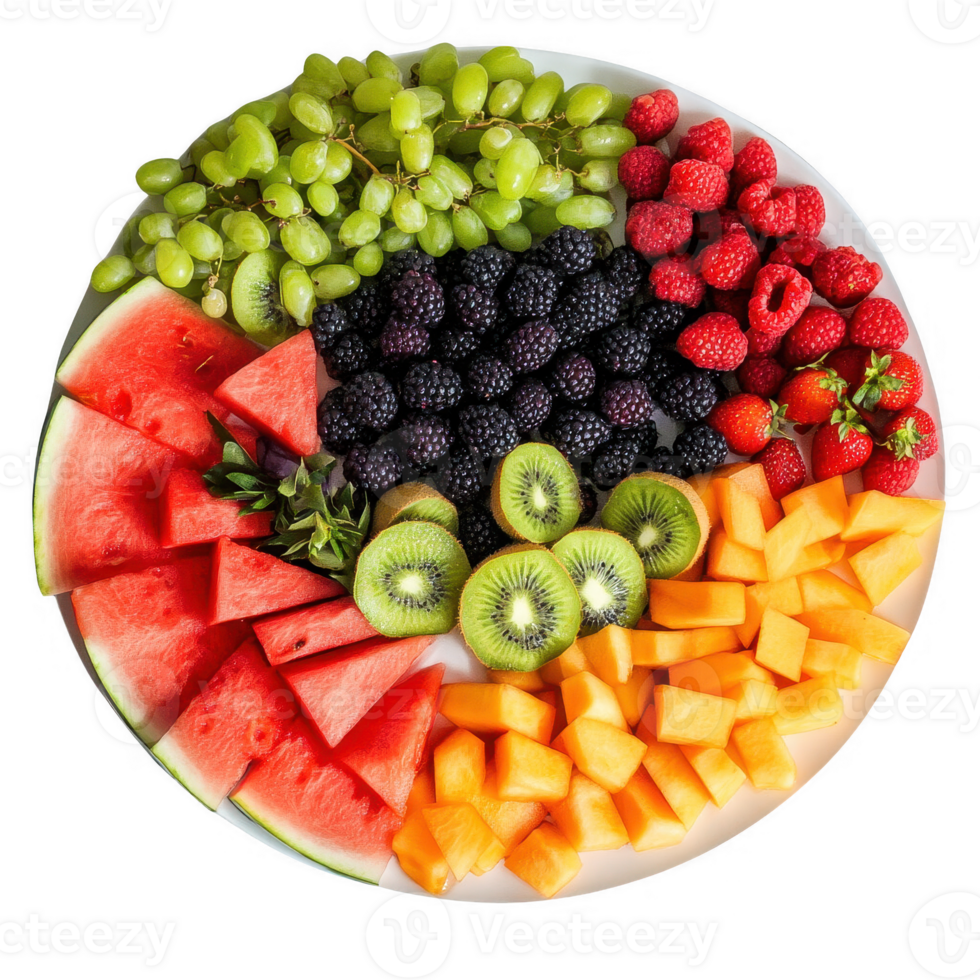 Colorful fruit platter showcasing various fresh fruits in an artistic arrangement. png