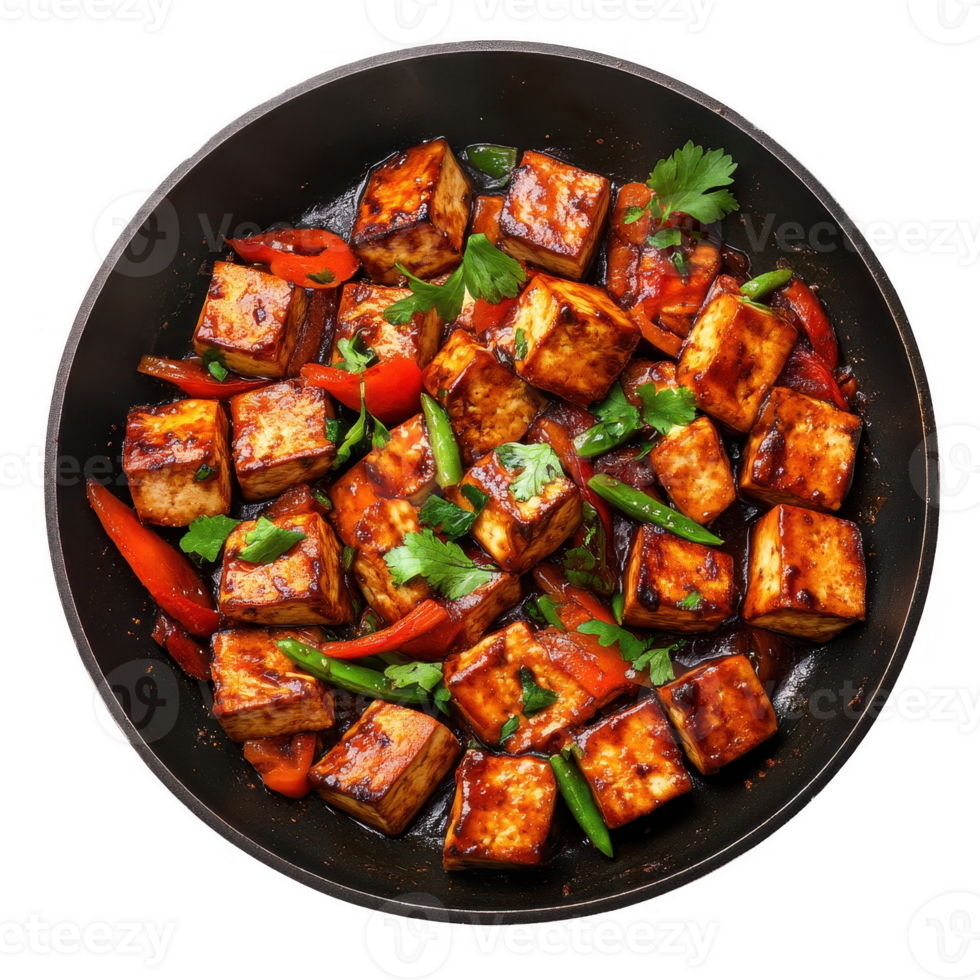 Deliciously sauteed tofu cubes with vibrant peppers and herbs in a savory sauce. png