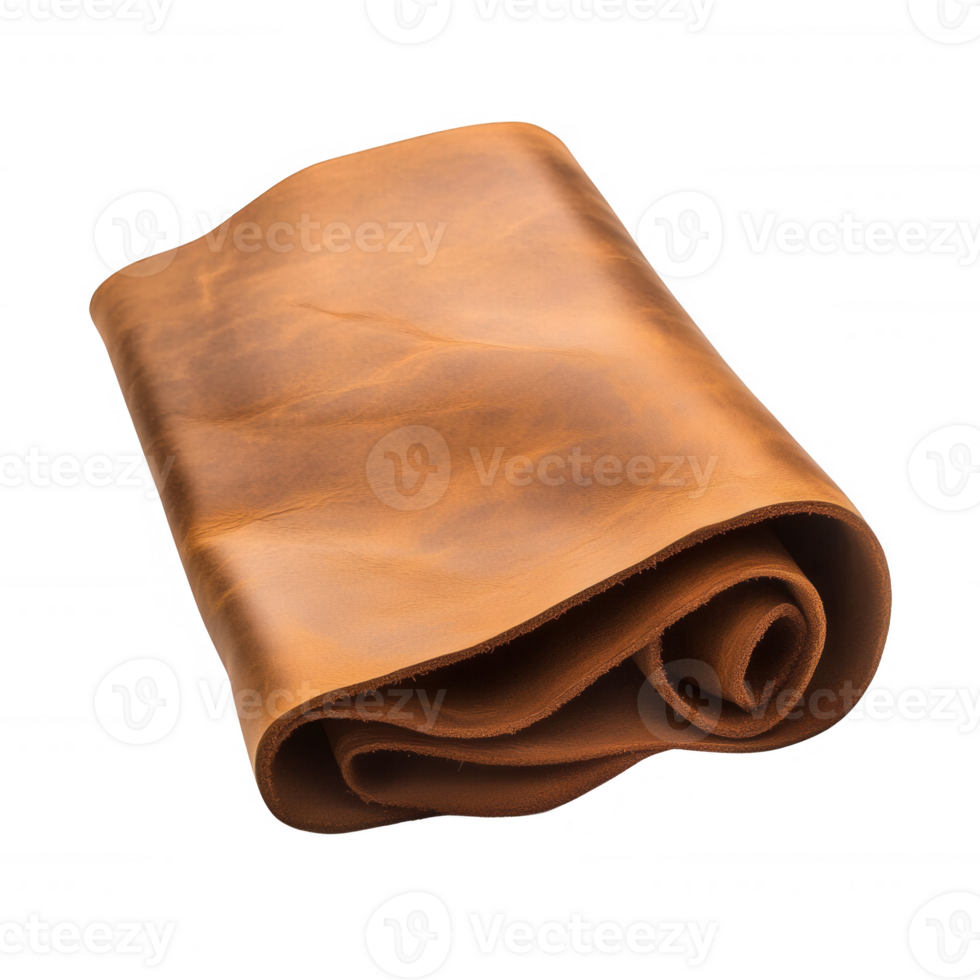 A beautifully rolled piece of high-quality leather, perfect for crafting or upholstery projects. png