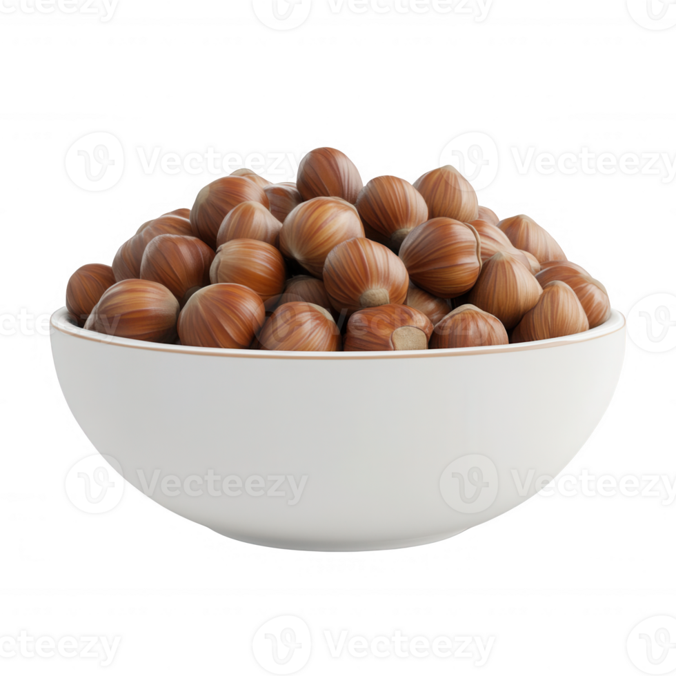 A bowl filled with fresh hazelnuts, perfect for healthy snacking and culinary uses. png