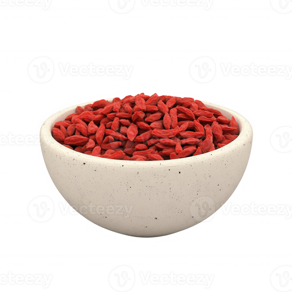 A bowl filled with vibrant red goji berries, perfect for healthy snacks and dishes. png
