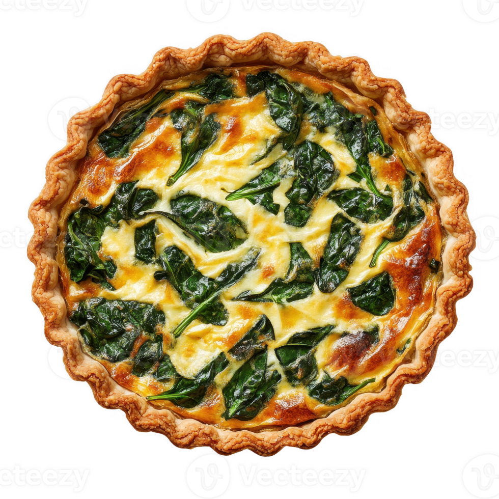 Delicious spinach quiche baked with a golden crust, rich in flavor and nutrients. png