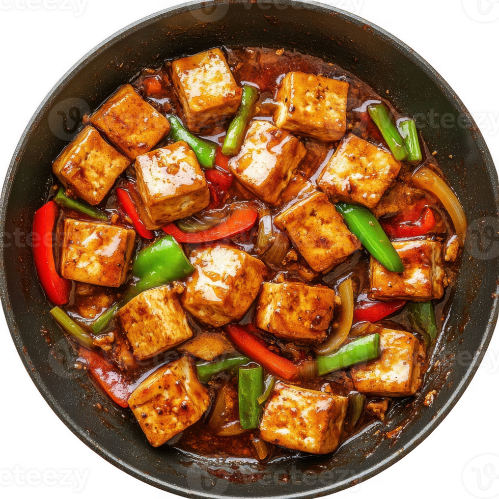 Delicious tofu stir-fry with colorful vegetables in a savory sauce. png
