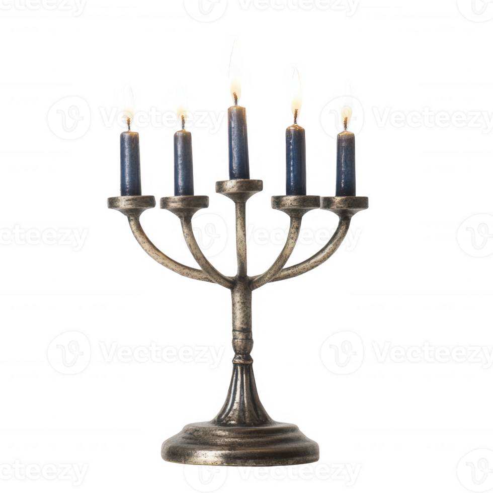 A beautifully crafted silver candelabrum with five blue candles, illuminating elegance. png