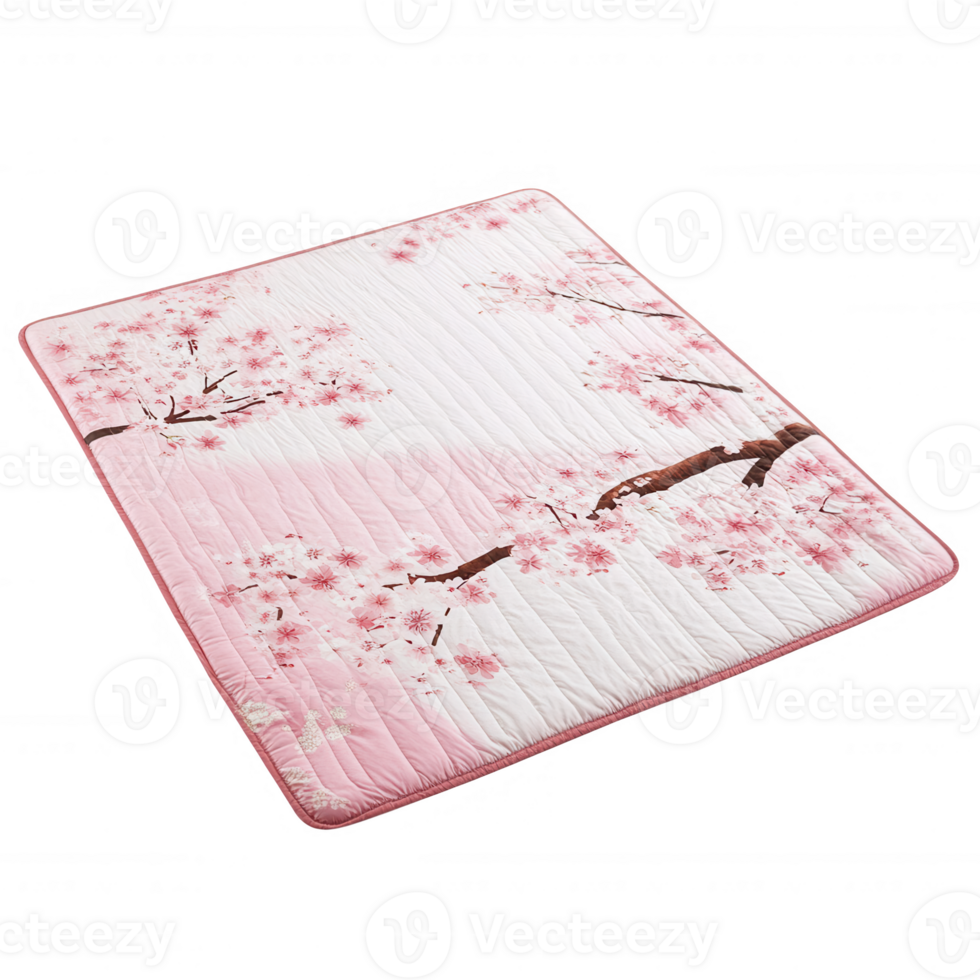 A beautiful quilt featuring cherry blossom designs for a cozy and serene atmosphere. png