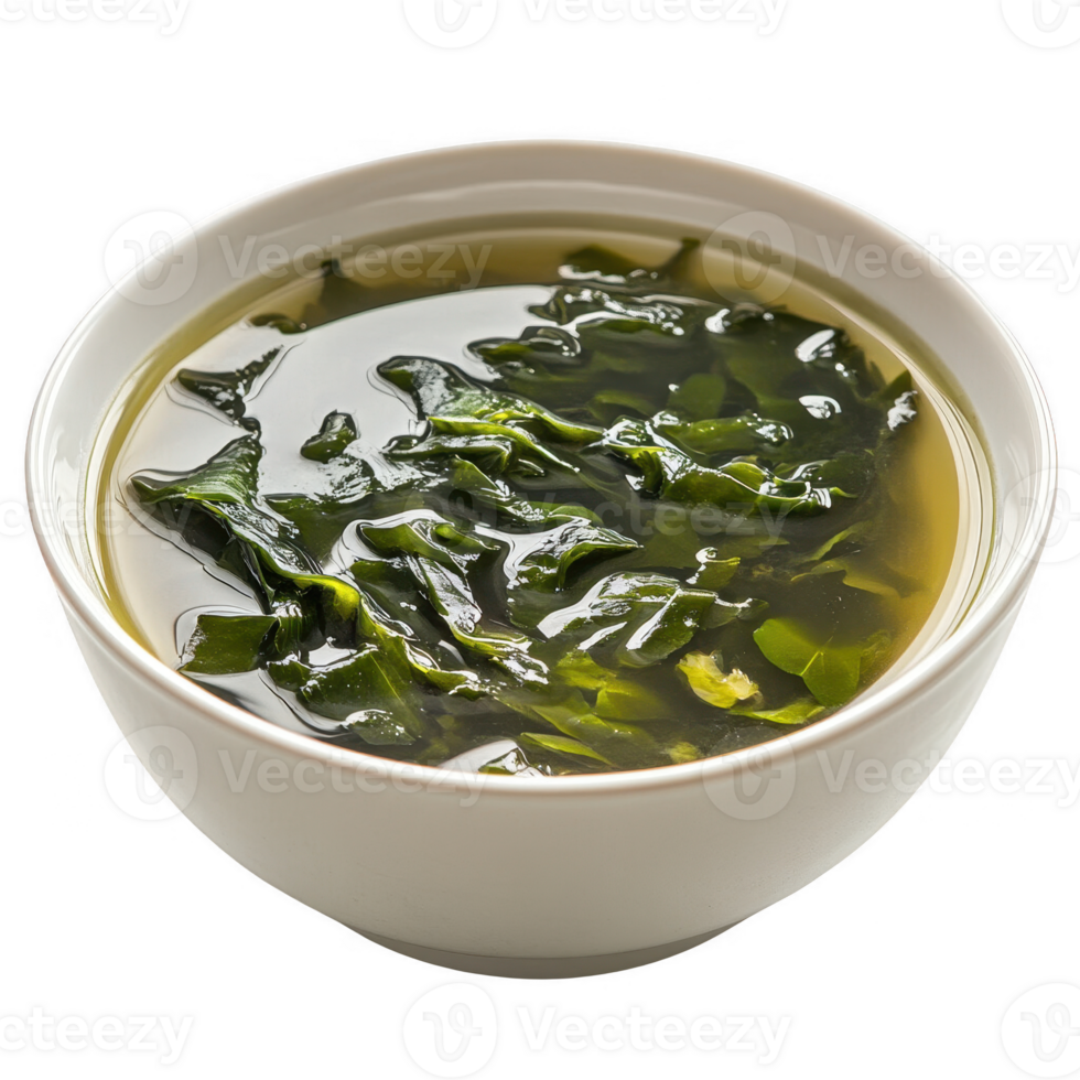 A bowl of fresh green seaweed soup ready to be enjoyed for a nutritious meal. png