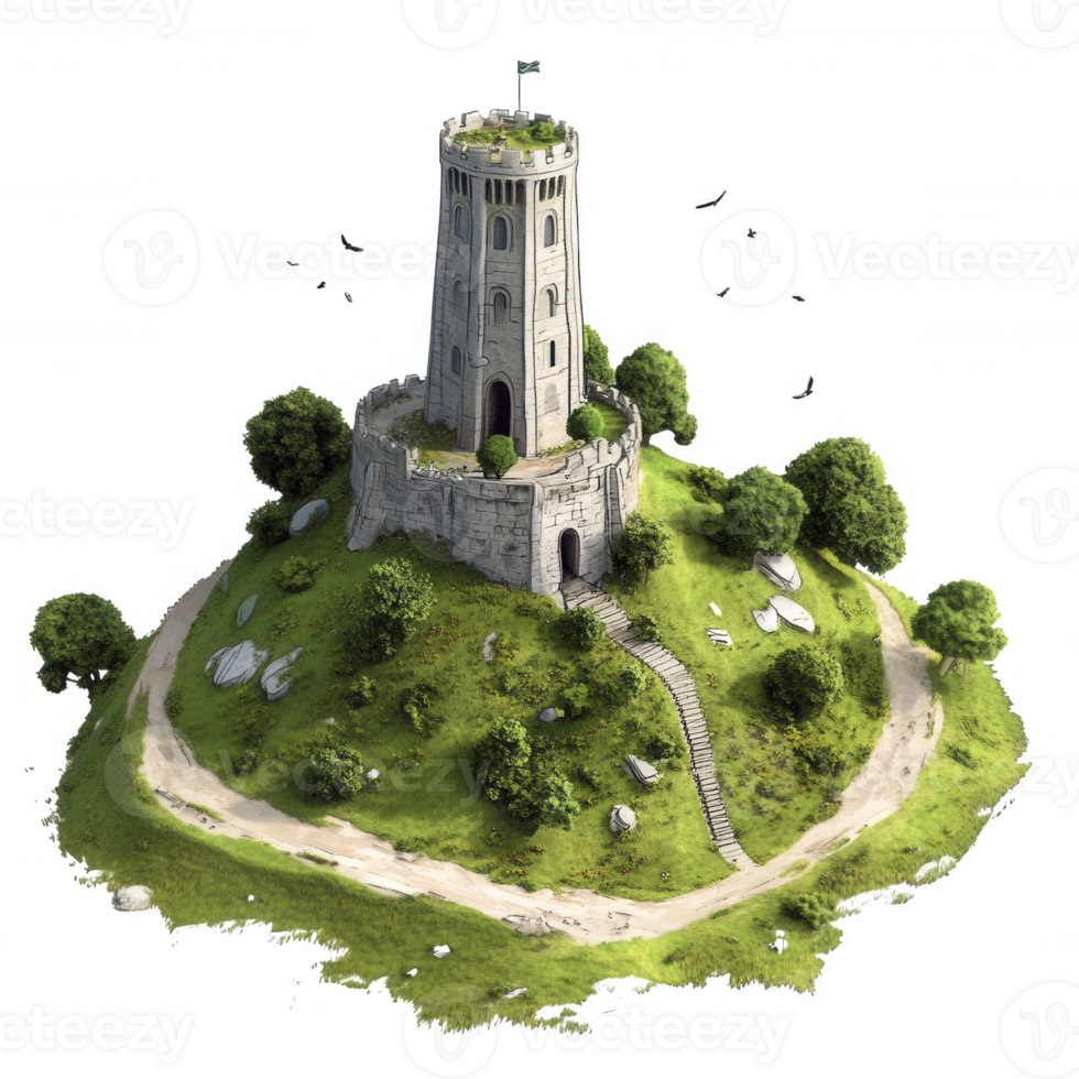 A beautiful stone tower on a green hill surrounded by trees and rocks. png