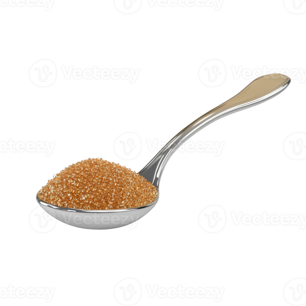 Close-up view of brown sugar in a silver spoon on a white background. png