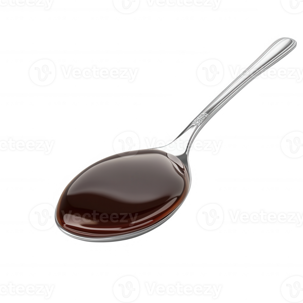 A silver spoon with rich, glossy dark syrup ready for culinary use or decoration. png