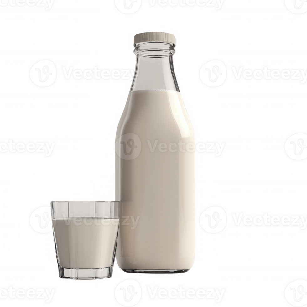 A vintage glass bottle filled with fresh milk and a glass of milk beside it. png