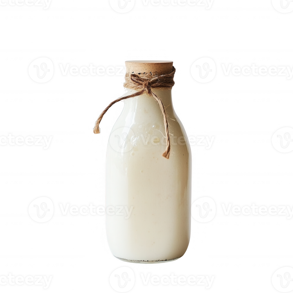 A rustic glass bottle filled with fresh milk tied with a twine for a natural look. png