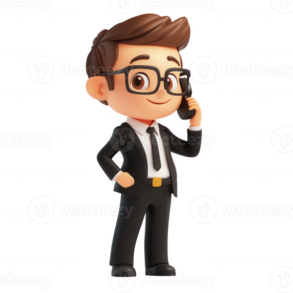 A cheerful cartoon businessman speaking on the phone in a suit. png