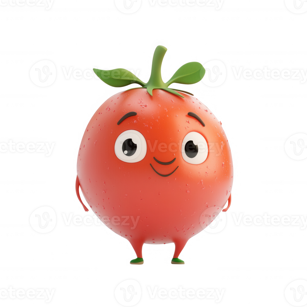 A cute, cartoon-style tomato character with a friendly smile and green leaves. png