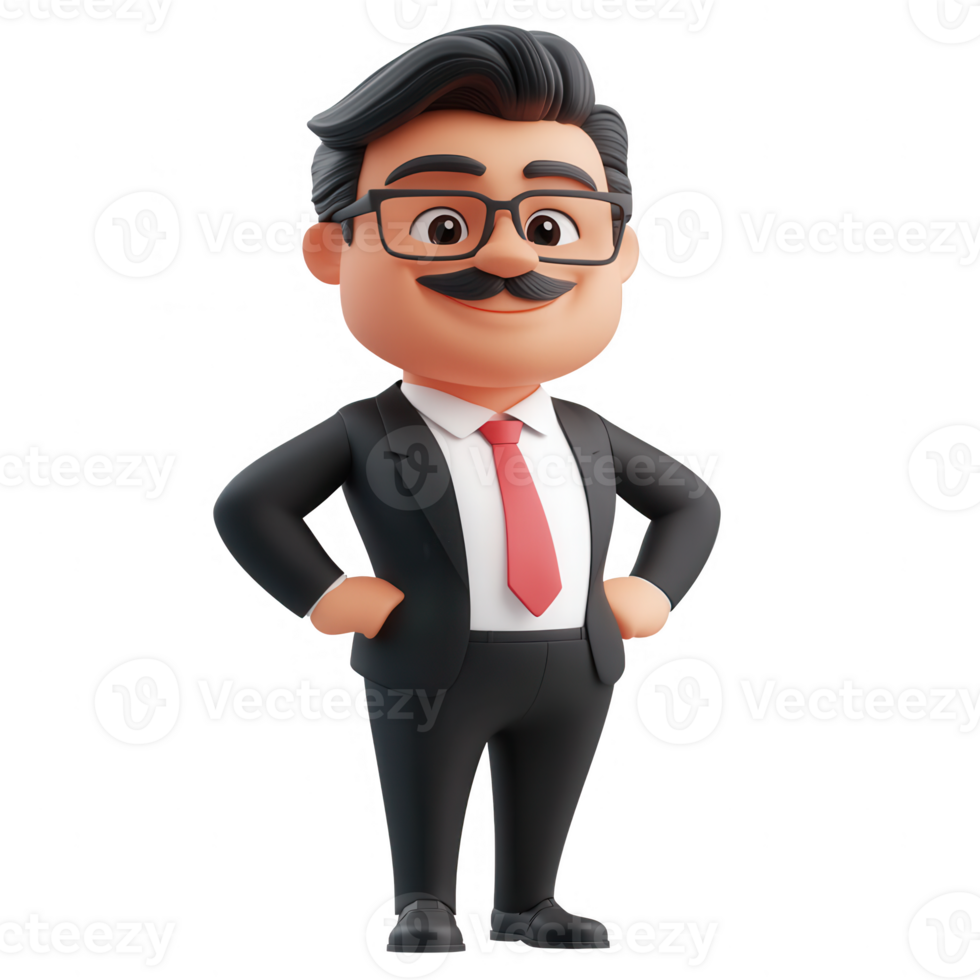 A cheerful cartoon businessman in a suit with glasses and a confident smile. png