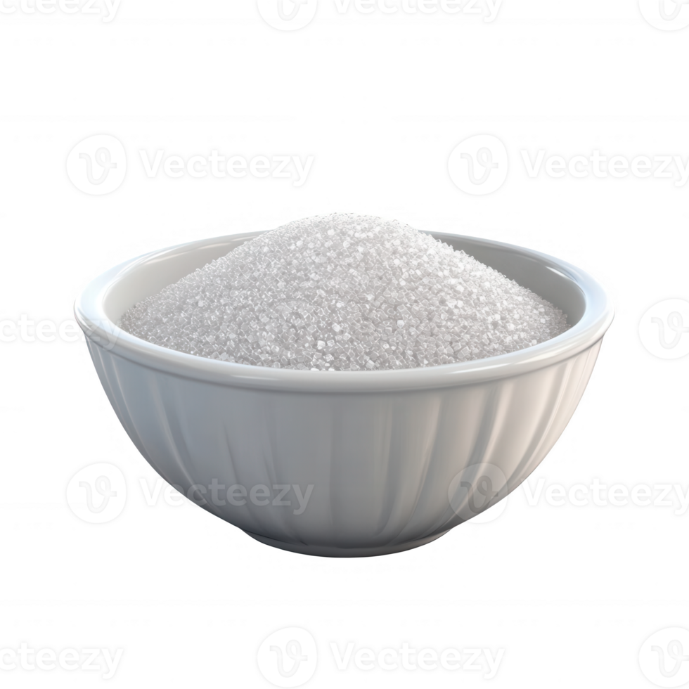 A close-up of a white bowl filled with granulated sugar, perfect for cooking or baking. png