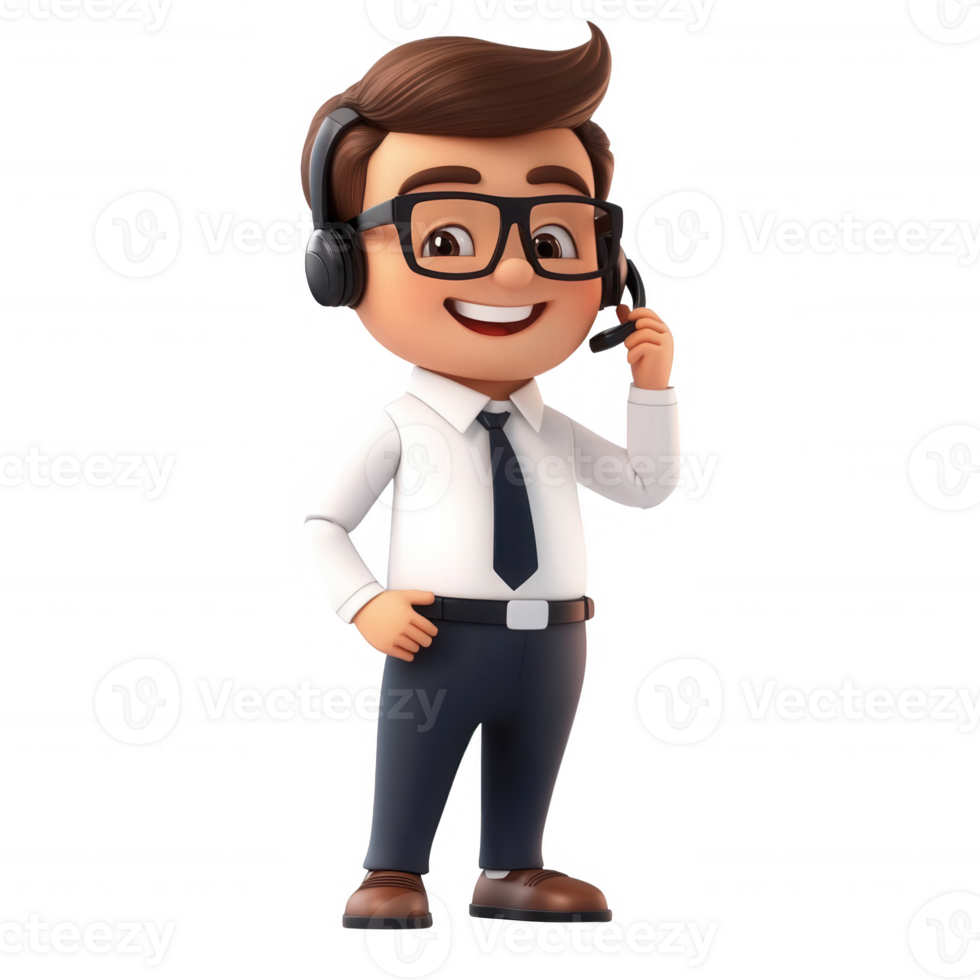 A cheerful cartoon character in a headset representing customer service. png