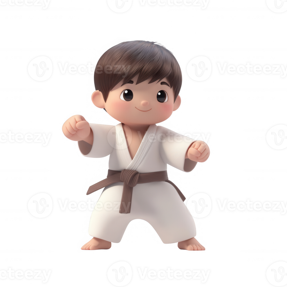 A cheerful cartoon child practicing martial arts in a white karate uniform. png