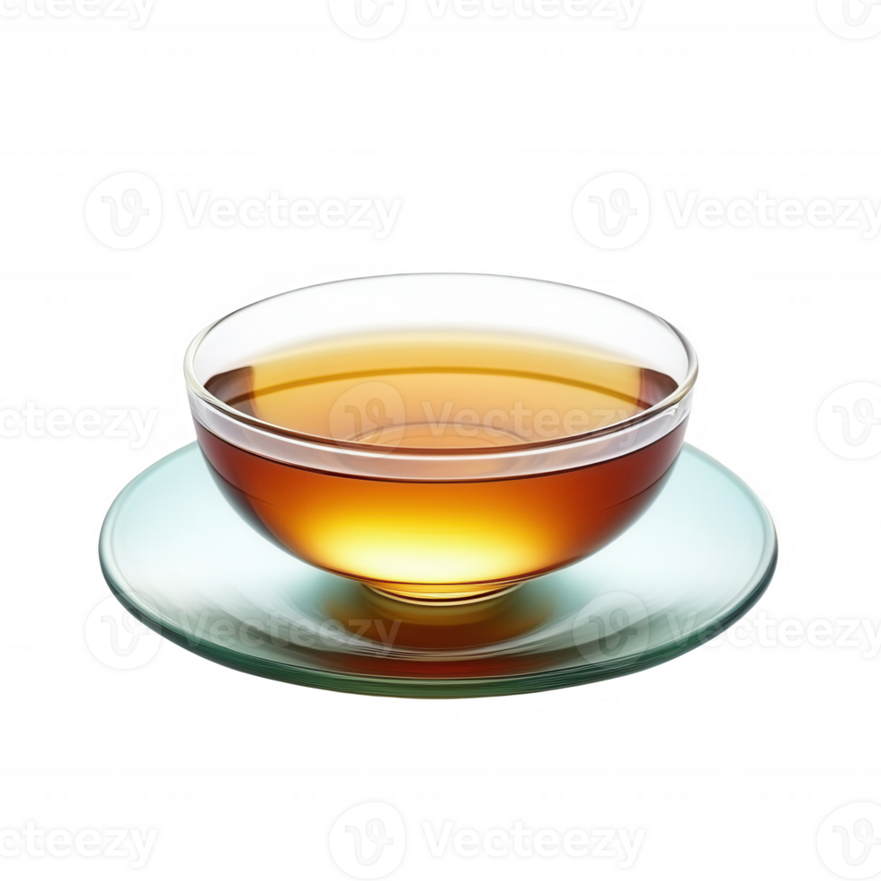 A clear cup filled with aromatic tea, resting on a delicate saucer. png