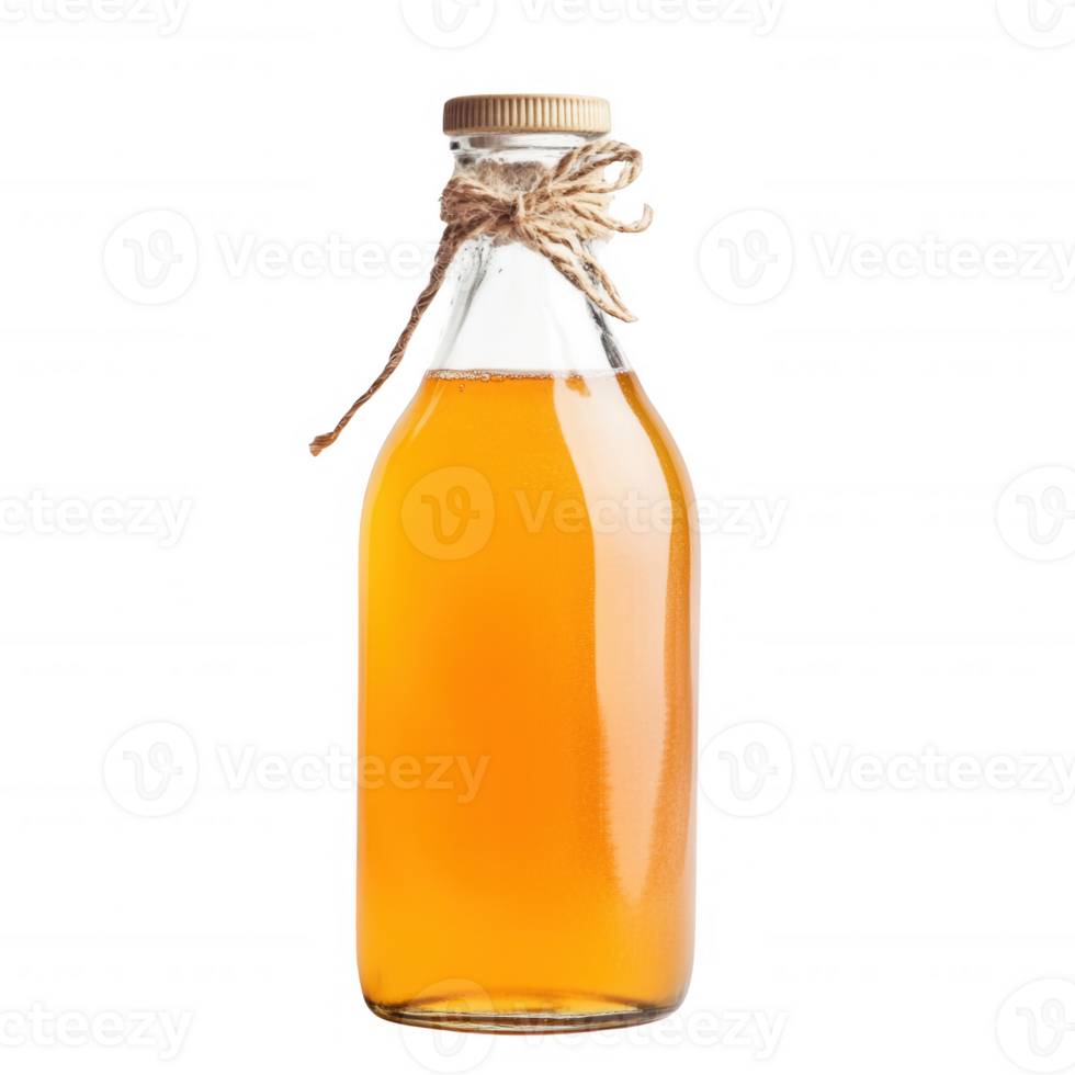 A glass bottle filled with golden beverage, tied with twine, showcasing a rustic vibe. png