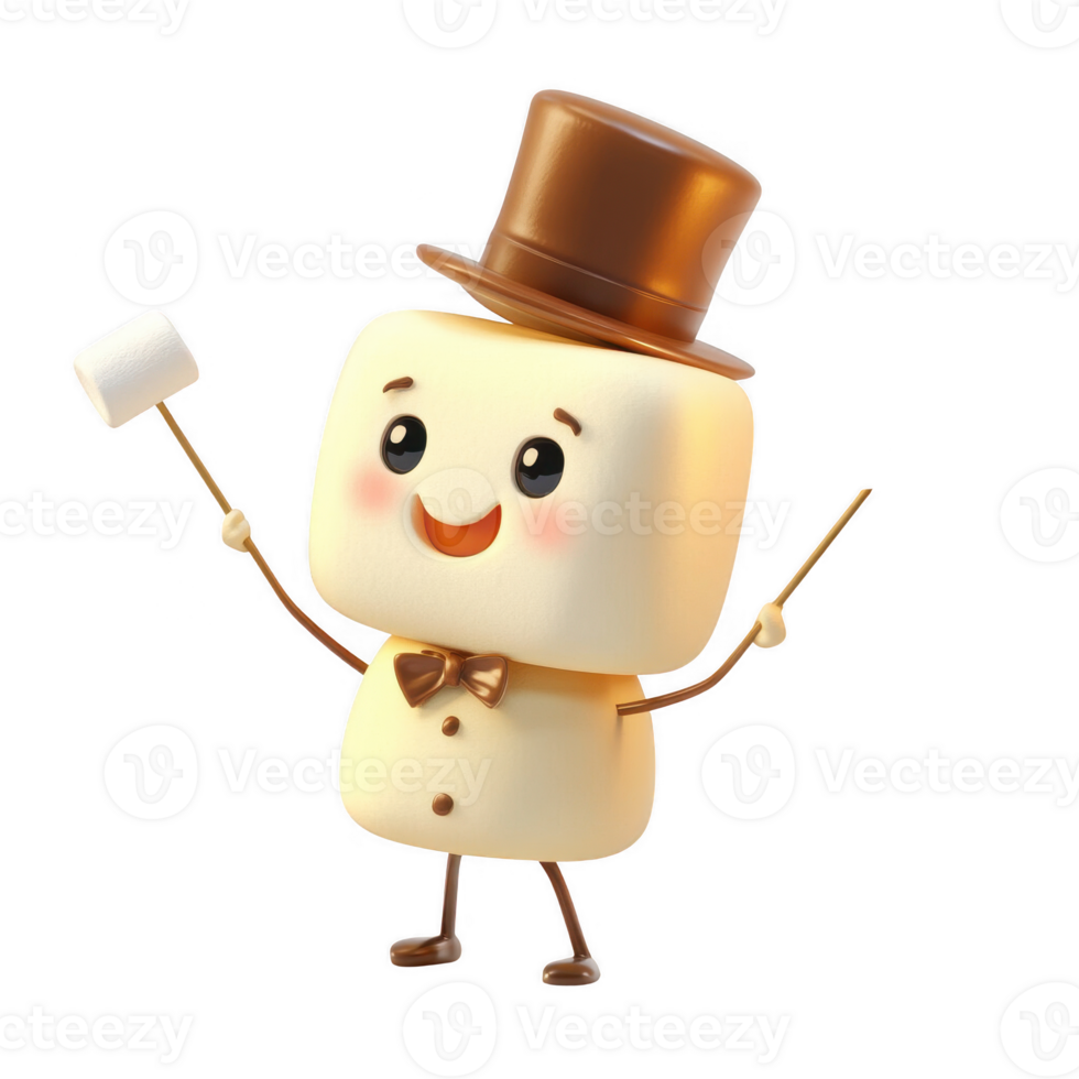 Cheerful marshmallow character wearing a top hat, holding a marshmallow stick. png