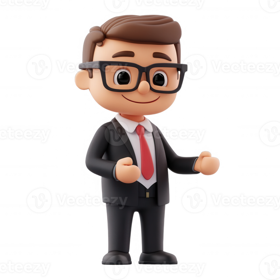 A cheerful businessman character in a suit with glasses, ready for a presentation. png