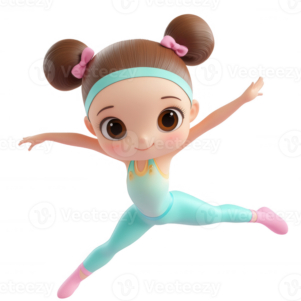 Cheerful girl performing a joyful leap in a dance pose with a vibrant, animated style. png