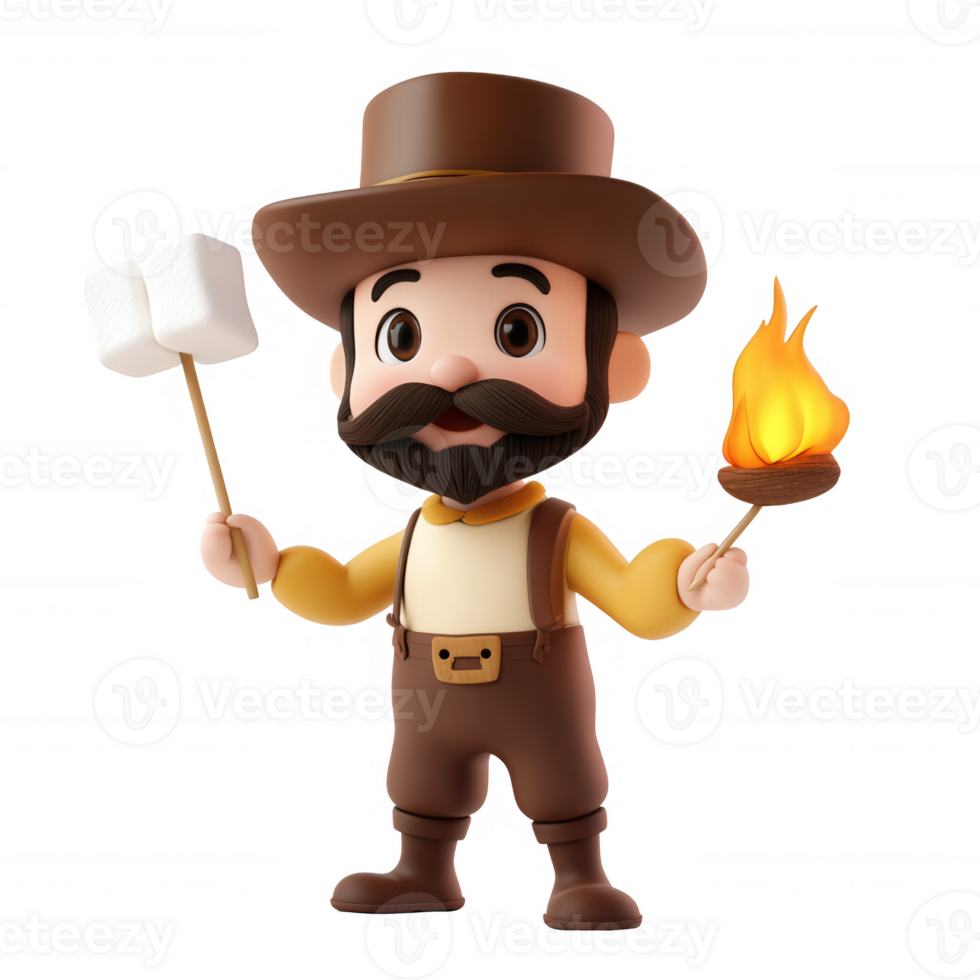 A cheerful character holding marshmallows and a torch, ready for a campfire adventure. png