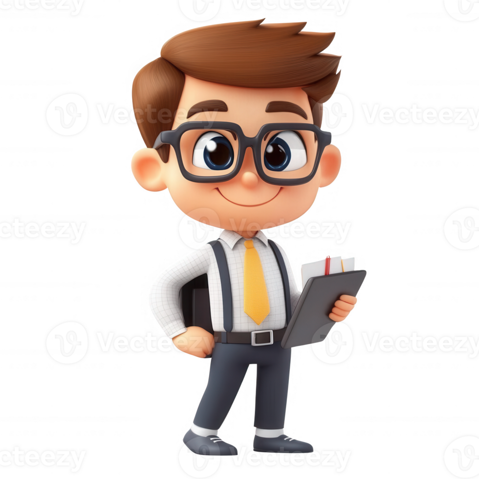 Cheerful cartoon character dressed for success in business attire, holding a clipboard. png