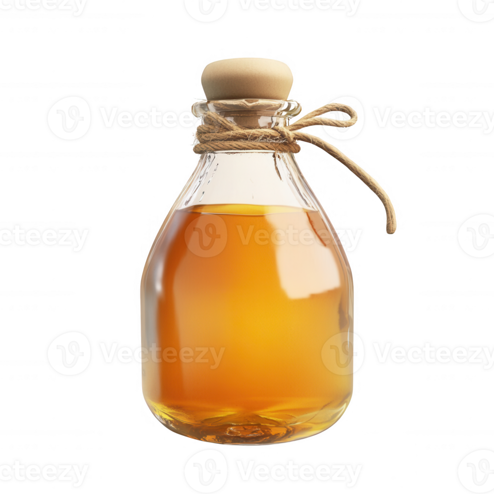 Aesthetic glass bottle filled with natural golden liquid, styled with a rustic cork top. png
