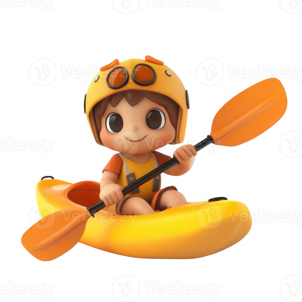 A cheerful child paddling in a bright yellow kayak, enjoying a sunny day on the water. png