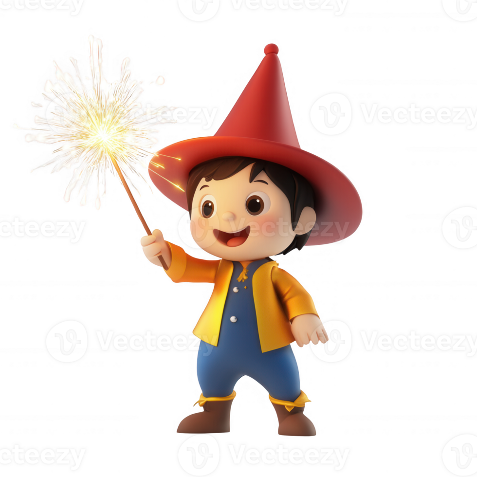 A joyful child in a wizard hat, joyfully holding a sparkler in celebration. png
