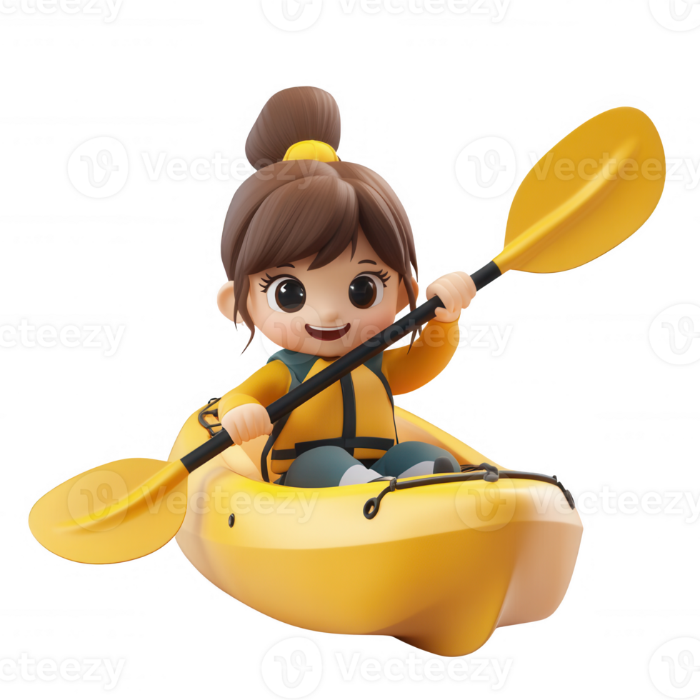 A cheerful character paddling in a bright yellow kayak on a vibrant waterway. png