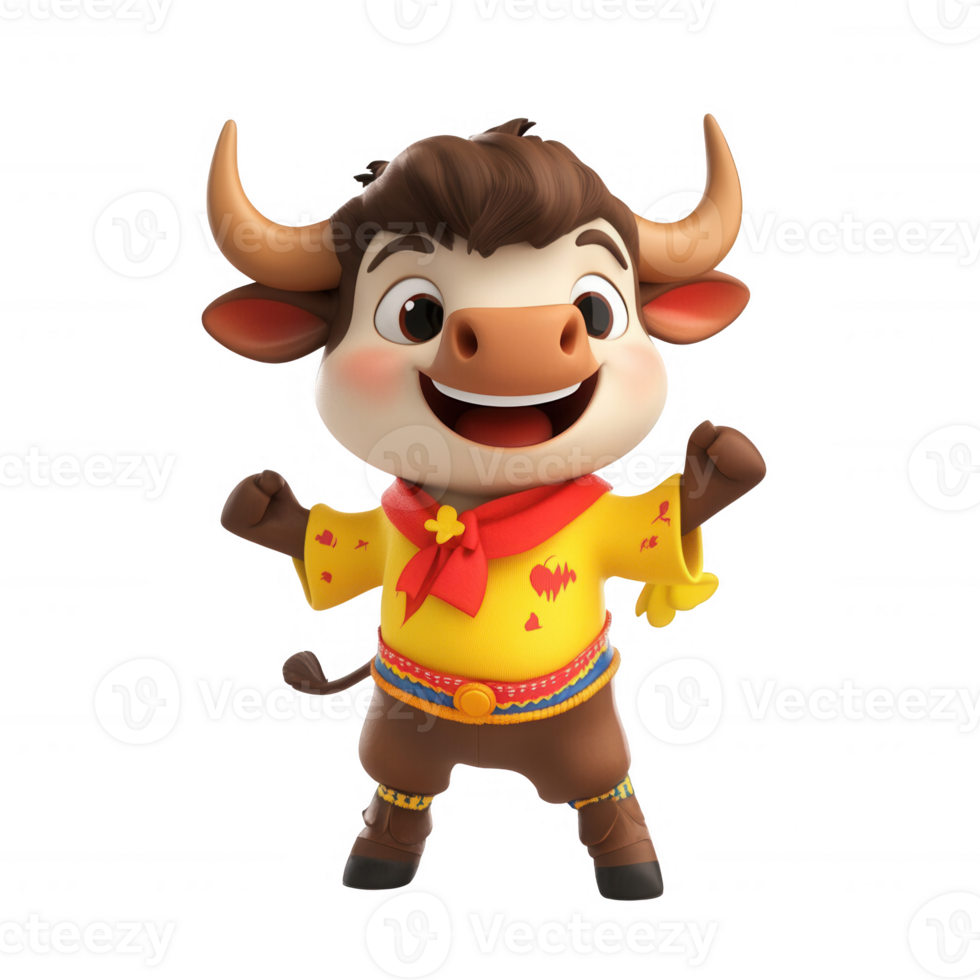 A cheerful cartoon bull character celebrating traditional festivities. png