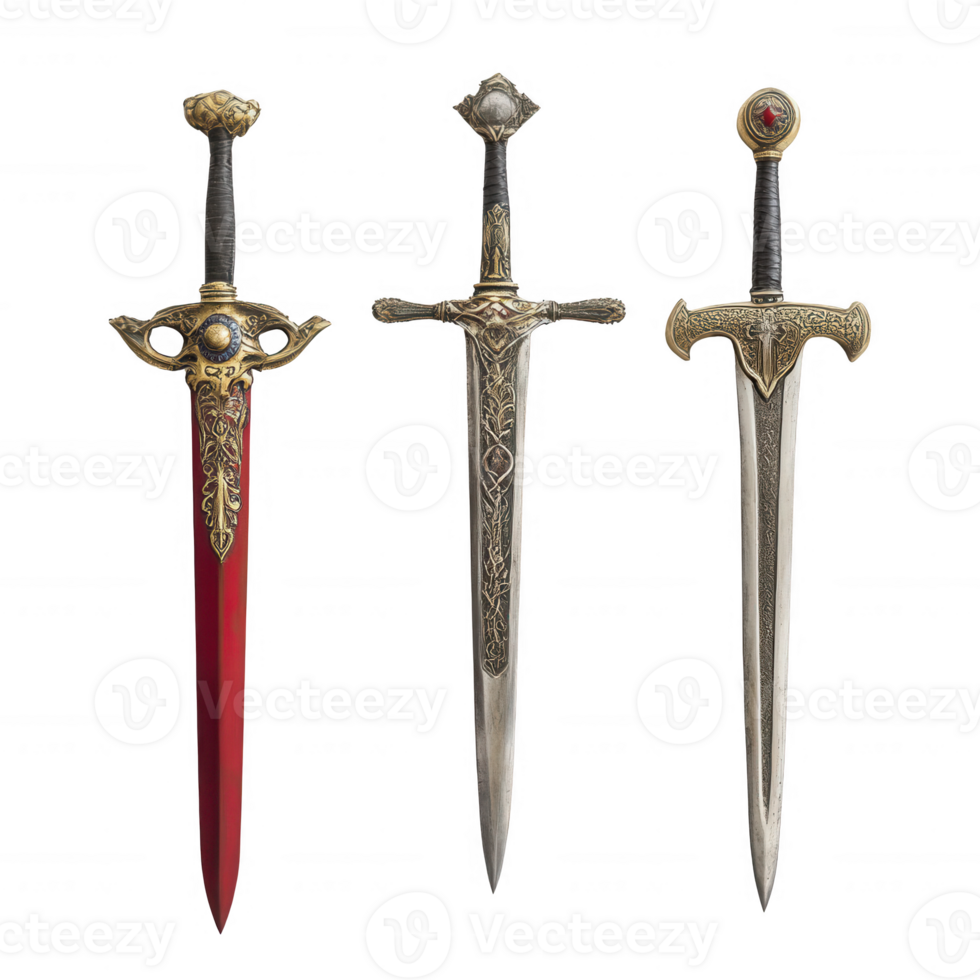 Antique swords with ornate details and unique designs on display. png