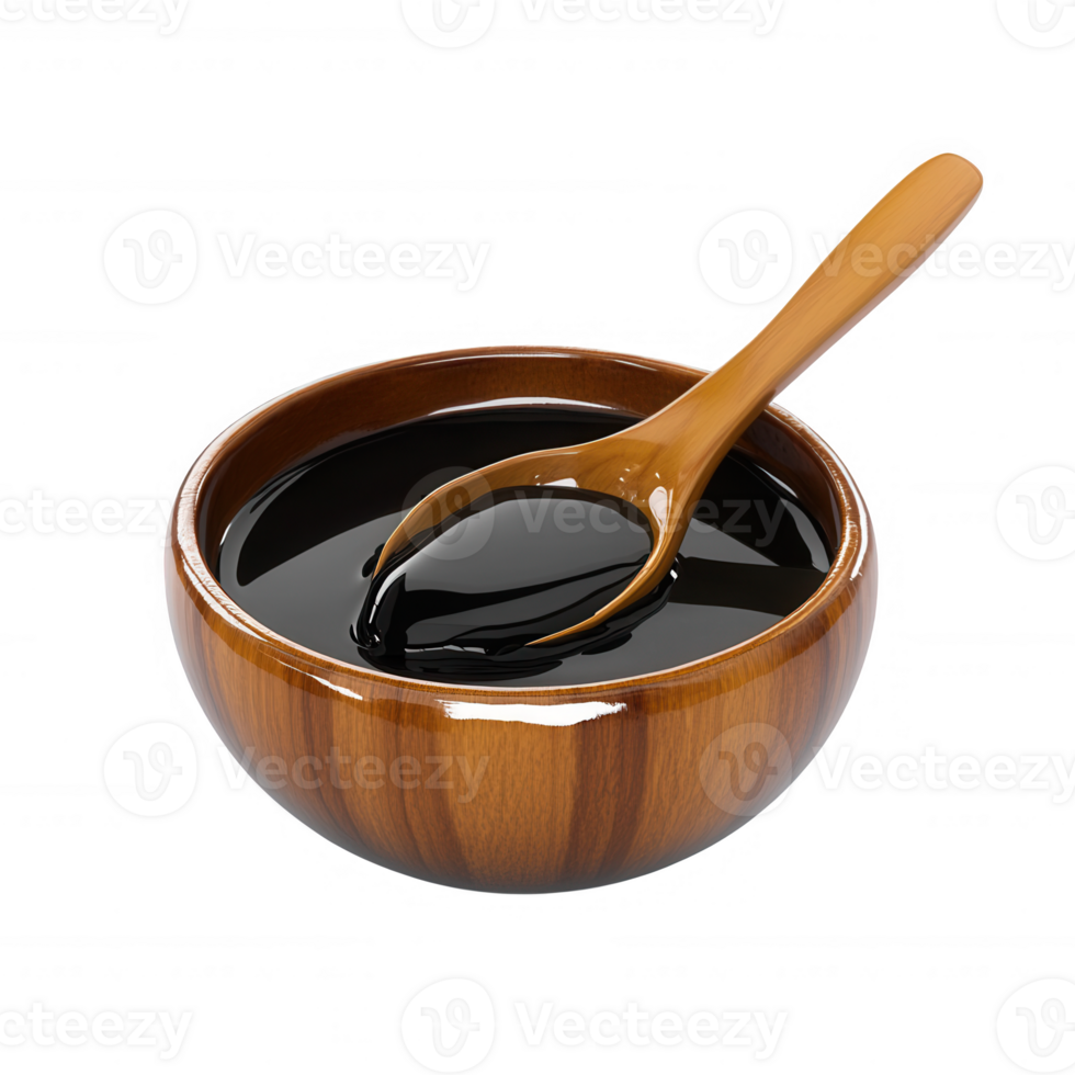 A wooden bowl filled with dark syrup and a matching spoon for serving. png