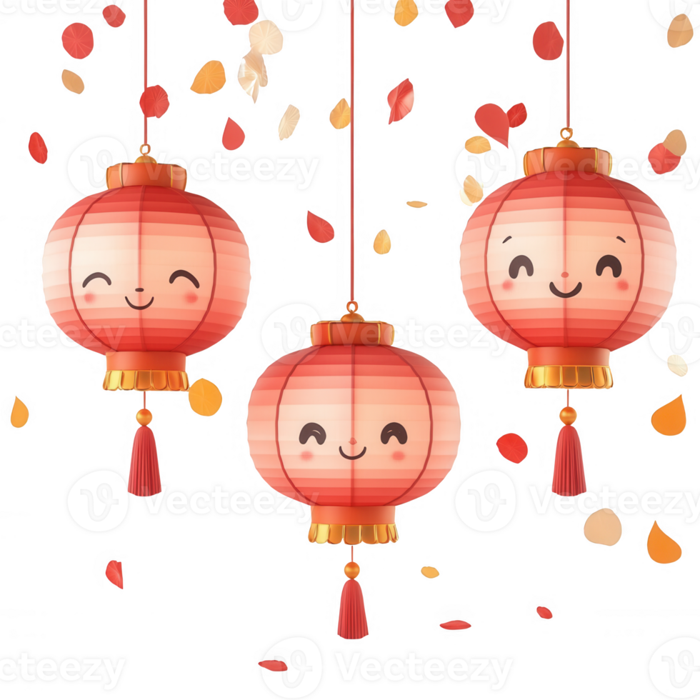 Colorful traditional lanterns with cheerful faces, perfect for festive celebrations. png
