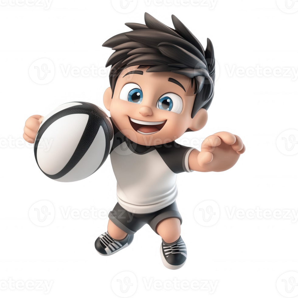 Cheerful cartoon boy playing with a rugby ball in an energetic pose. png