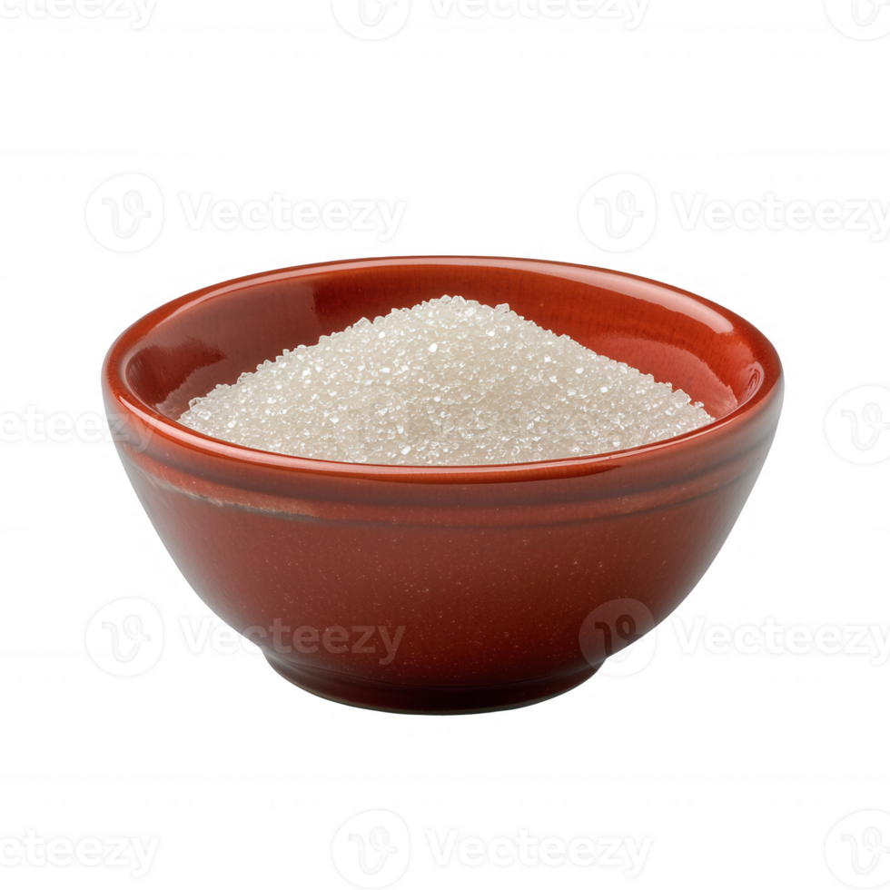 A close-up of a bowl filled with granular sugar on a plain background. png