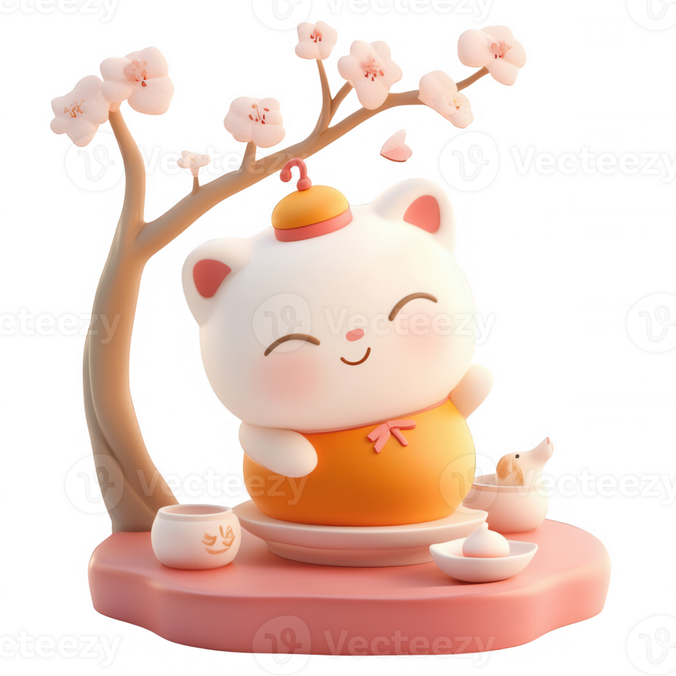 A charming cat figurine under a cherry blossom tree evokes joy and tranquility. png