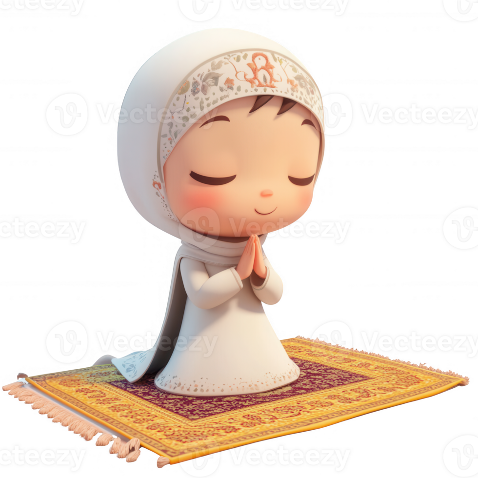 A cute cartoon character praying on a colorful prayer mat in serene contemplation. png