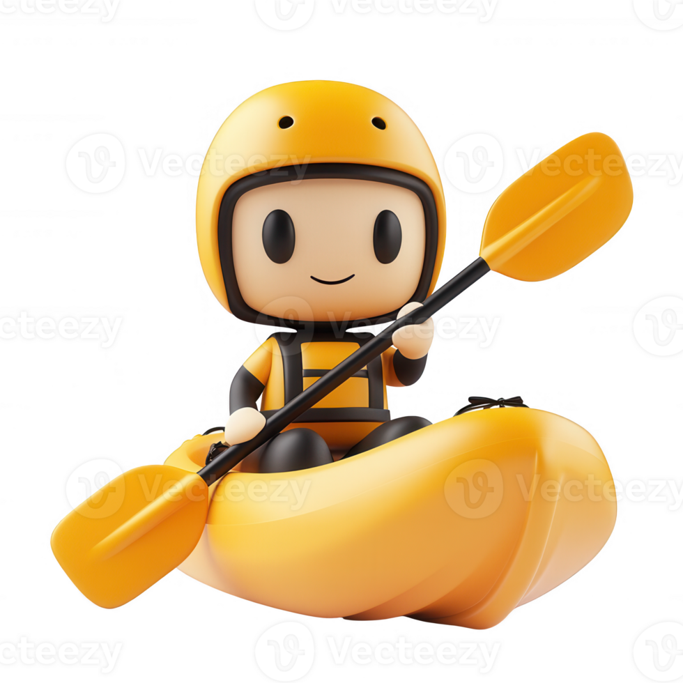 A cheerful character kayaking in a bright yellow kayak, enjoying outdoor adventure vibes. png