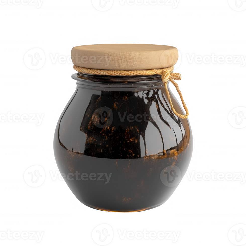 A rustic jar filled with dark syrup, perfect for culinary creativity and indulgence. png