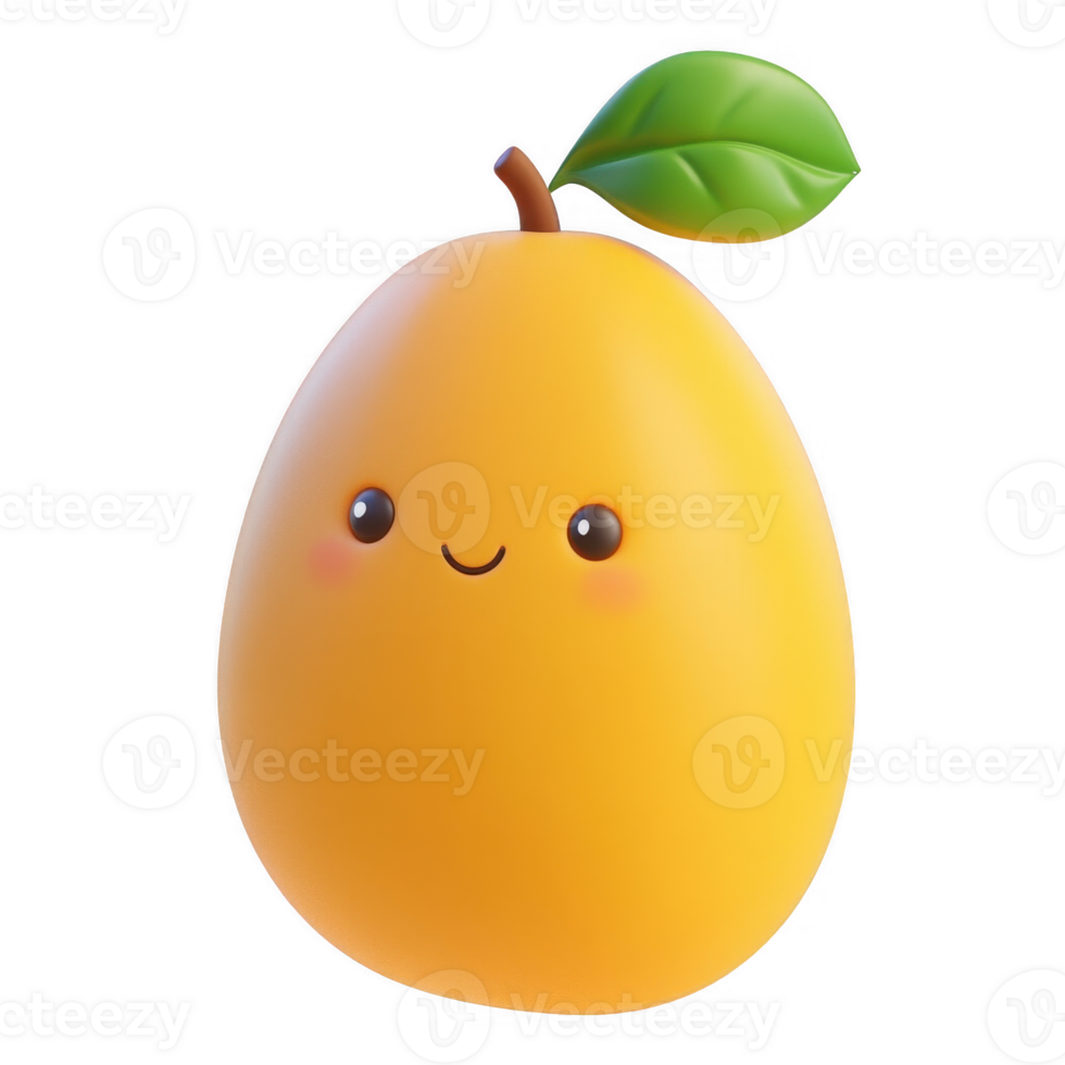 A cheerful cartoon mango with a smile and a green leaf on its head. png